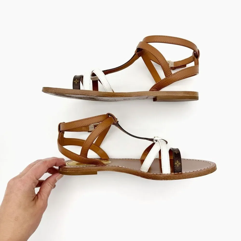 LOUIS VUITTON Explorer Flat Sandal Size 37 Cognac Brown White Monogram Flower